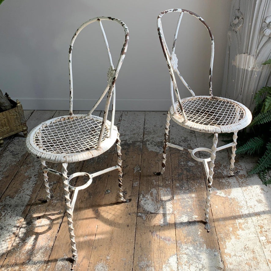 Superb pair of Rare White Tri-Legged Regency Wrought Iron Chairs