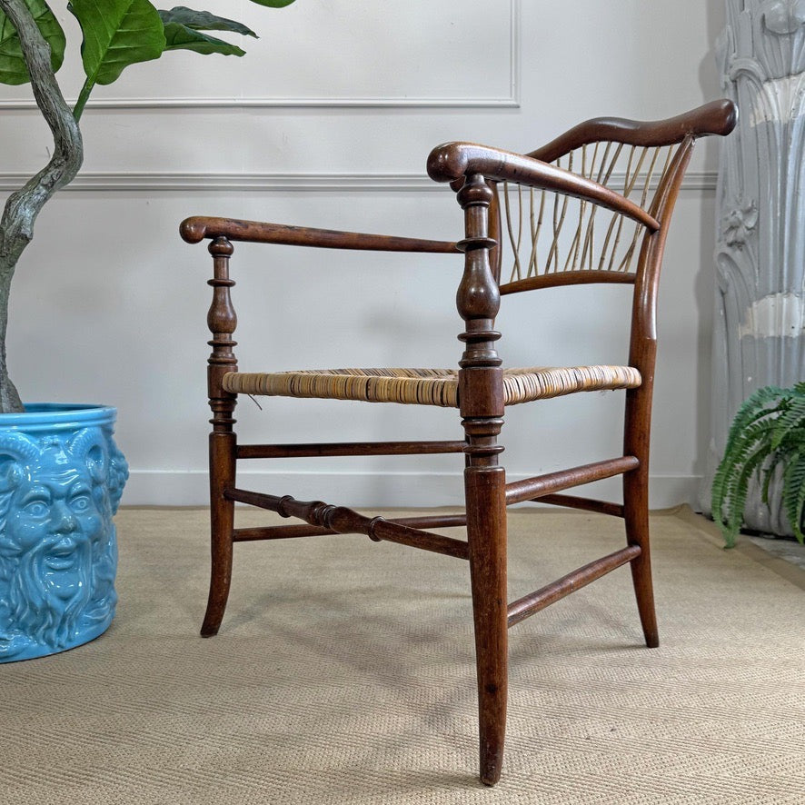 19th Century Herringbone Woven Elbow Chair with Stick Back