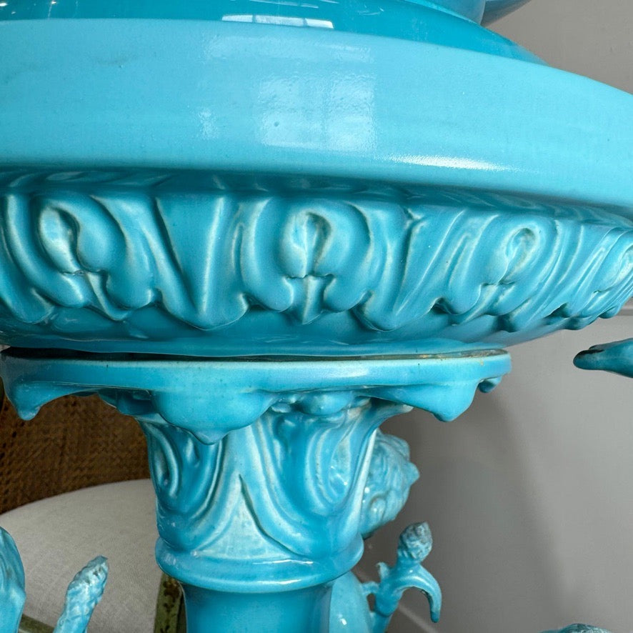 Jerome Massier Blue Glazed Faience Satyr Planter and Stand