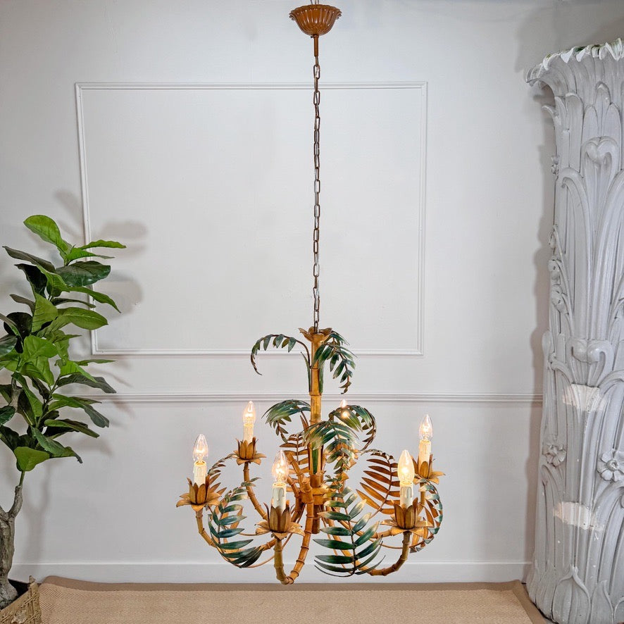 Large Faux Bamboo Palm Leaf Italian Tole Chandelier 1960's