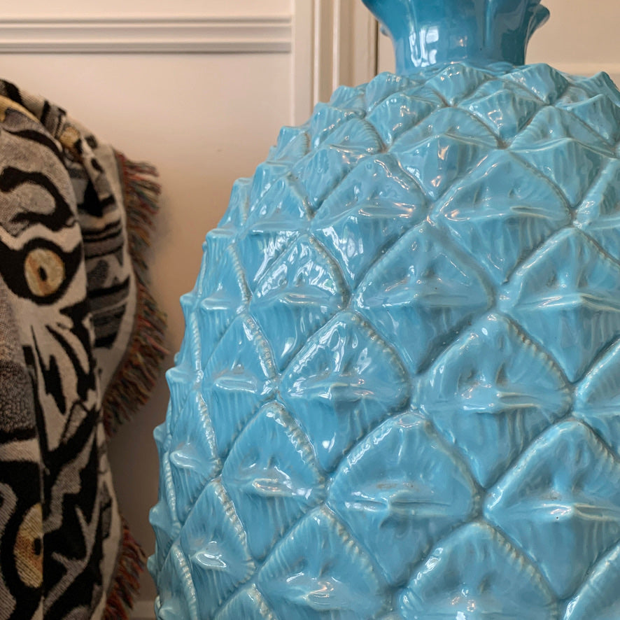 Exceptional Italian Blue Ceramic Pineapple Lamp of Huge Proportions 1960's