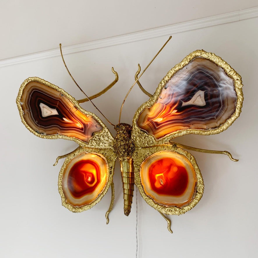 Isabelle Faure Signed Illuminated Gold Butterfly Sculpture in Brass and Agate