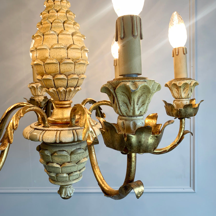 Italian Carved Wood Pineapple Chandelier 1970's
