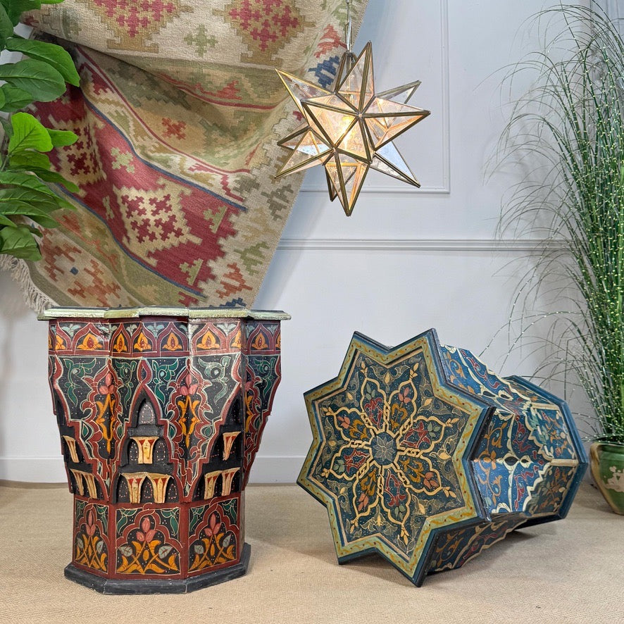 Mid Century Moroccan Painted Blue Wooden Star Table