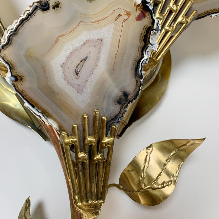 Henri Fernandez Signed Agate and Brass Wall Lights