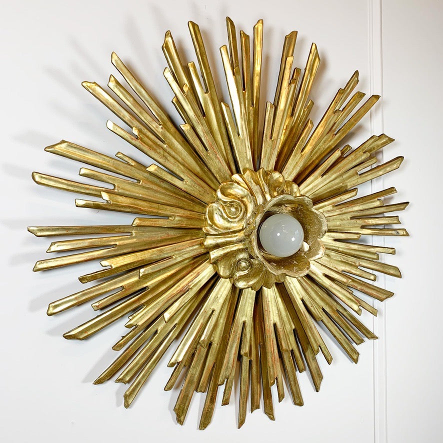 Large Water Gilded Gold Wooden Chapel Sunburst Flush Light