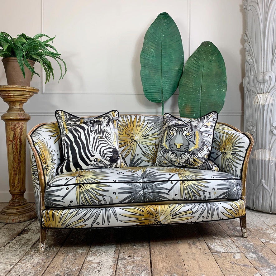 Antique French Parlour Settee in Tropics 'Fan Palm' Fabric