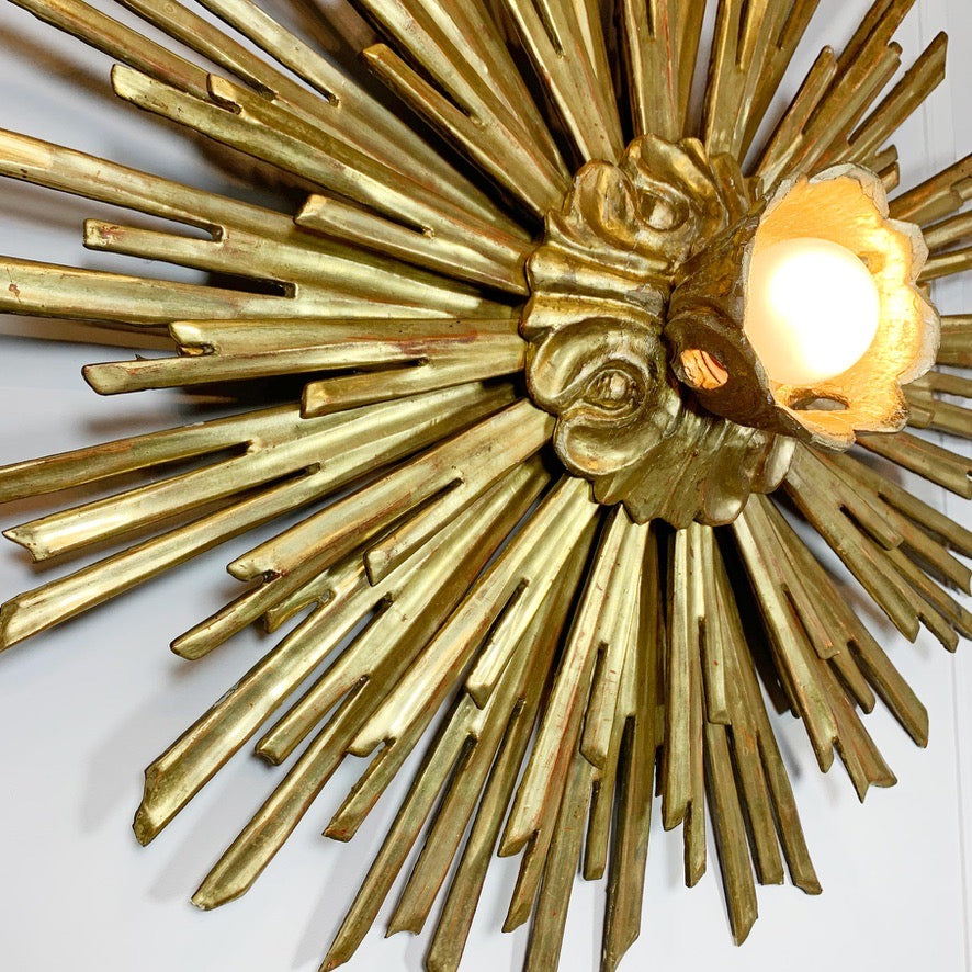 Large Water Gilded Gold Wooden Chapel Sunburst Flush Light