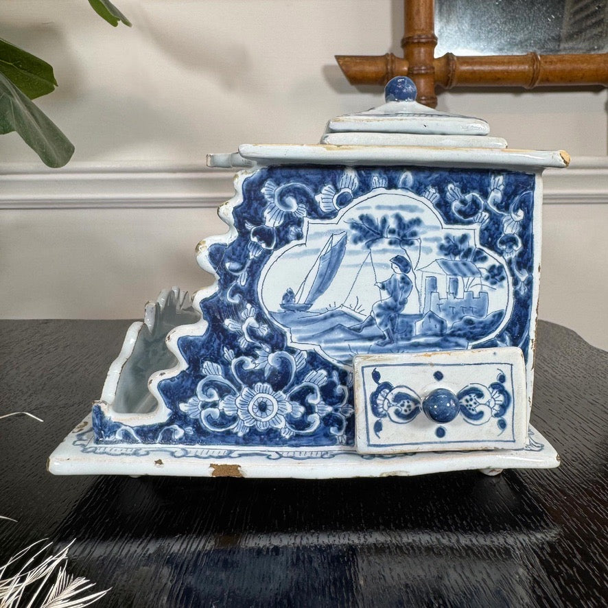 18th Century Dutch Delft Blue and White Ink Well attributed to Anthoni Pennis