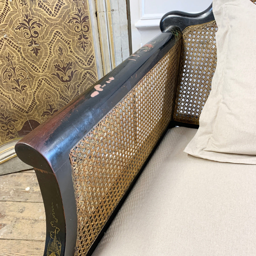 Edwardian Black Chinoiserie Bergere Cane Settee circa 1900