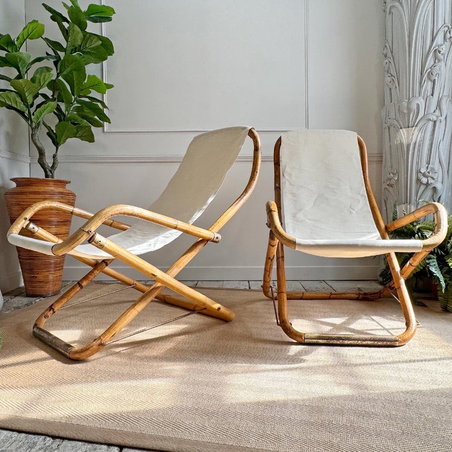 Pair of Vintage Folding Bamboo Deck Chairs 1960's Italian