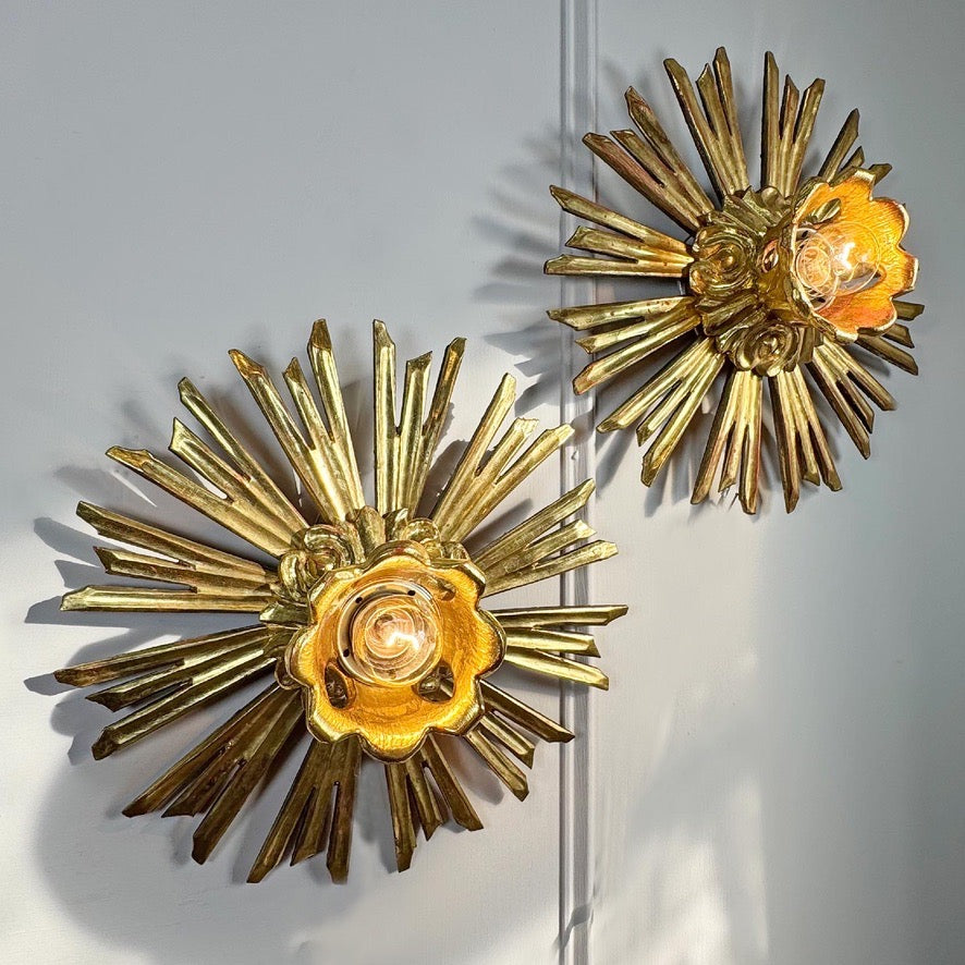 Antique Water Gilt Wood Chapel Sunburst Flush Light