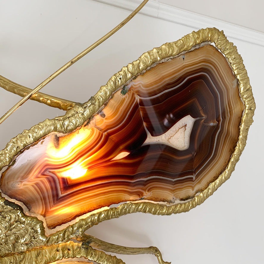 Isabelle Faure Signed Illuminated Gold Butterfly Sculpture in Brass and Agate
