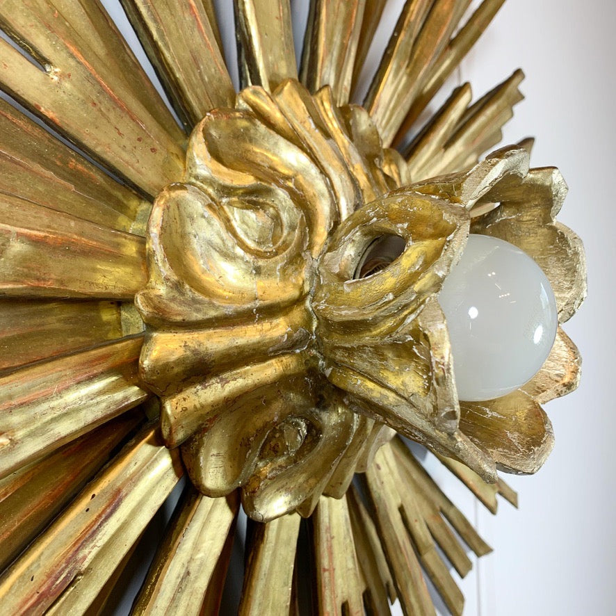 Large Water Gilded Gold Wooden Chapel Sunburst Flush Light