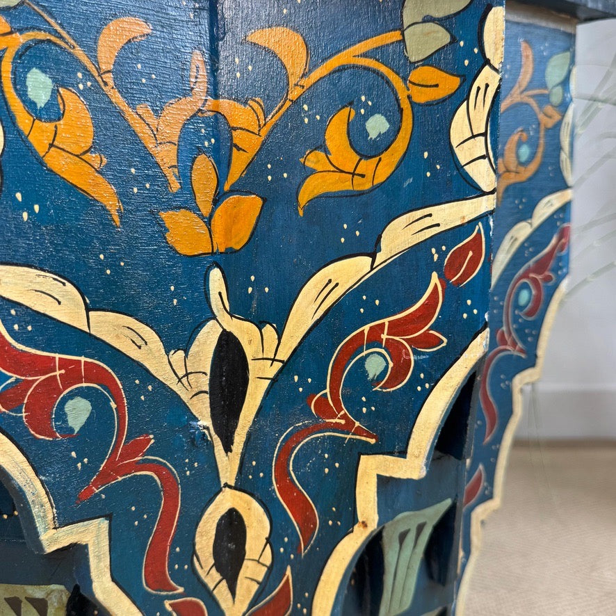 Mid Century Moroccan Painted Blue Wooden Star Table