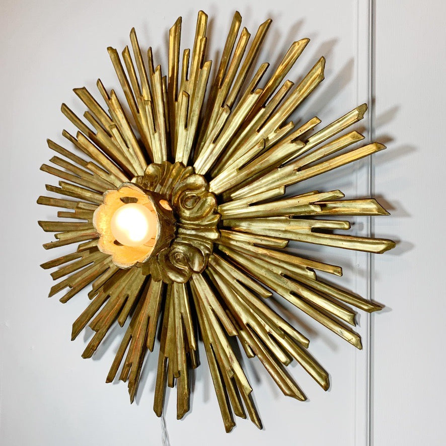 Large Water Gilded Gold Wooden Chapel Sunburst Flush Light