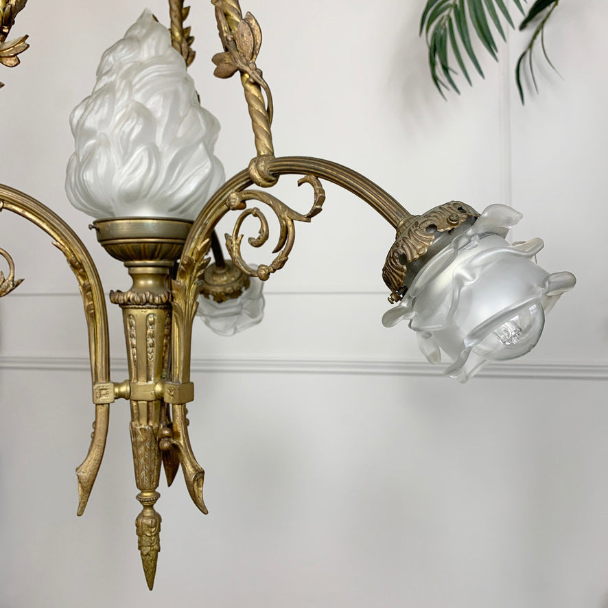 Art Nouveau Bronze and Glass Torchiere and Flower Chandelier circa 1905