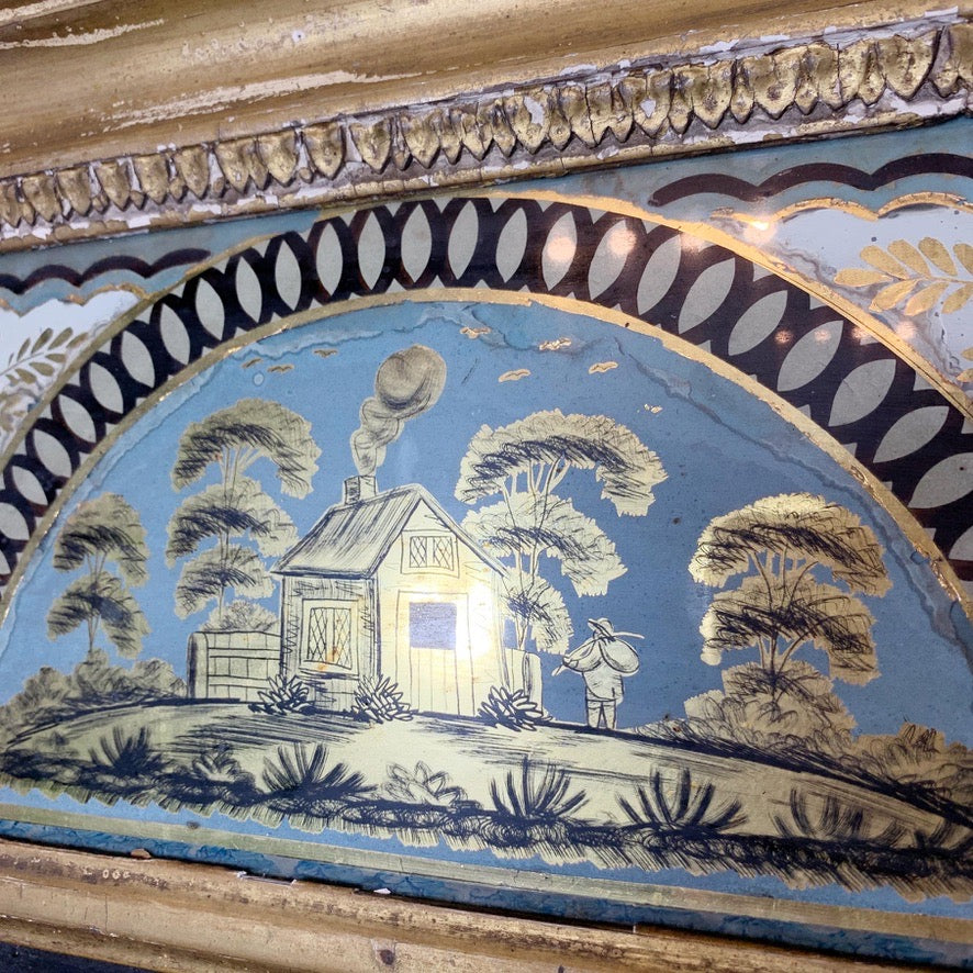 Georgian Gilt-Gesso Framed Wall Mirror with Inset Verre Eglomise Gilded Glass Frieze