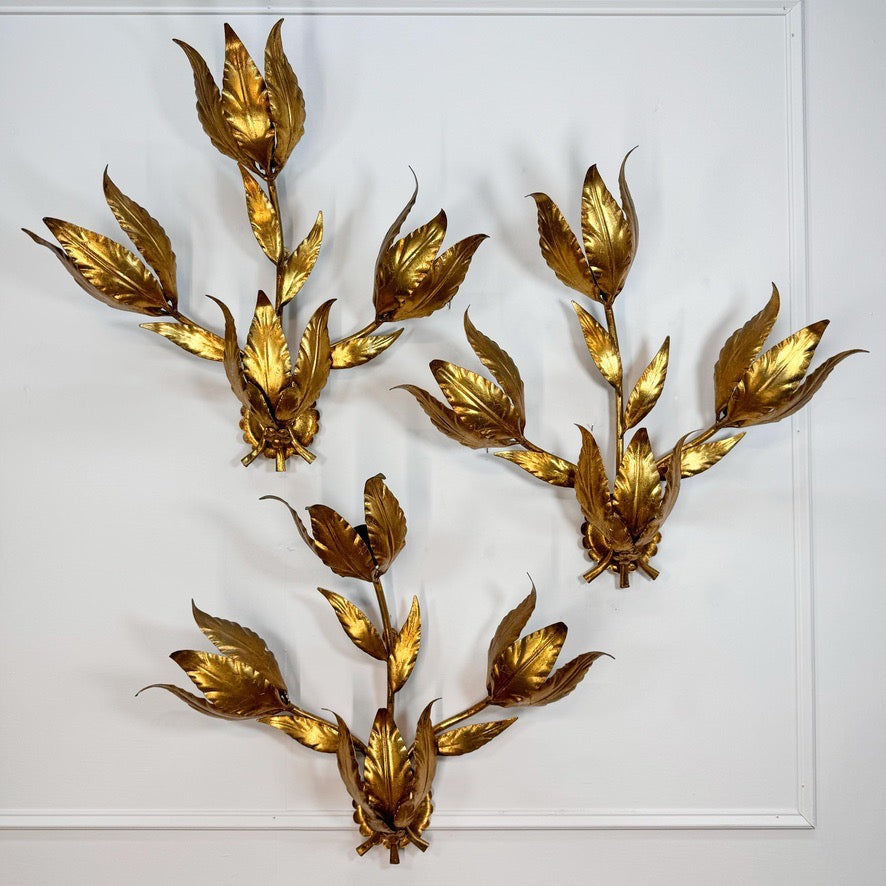 Set of 3 Large Original Hans Kogl 1970's Gilt Leaf Wall Lights