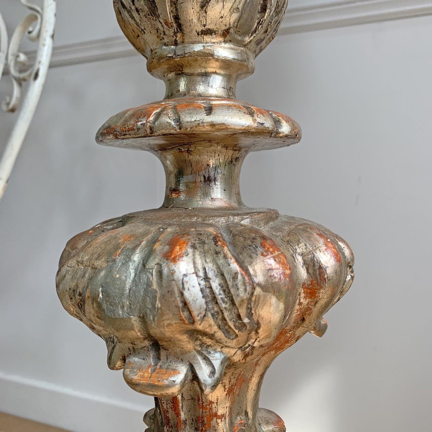 Large 19th Century Silver Baroque Gilt Wood Candlestick