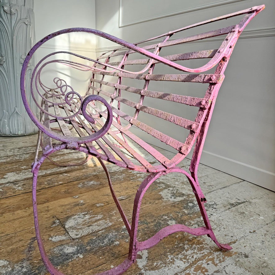 Early Victorian Scroll Arm Wrought Iron Pink Bench of Exceptional Proportions