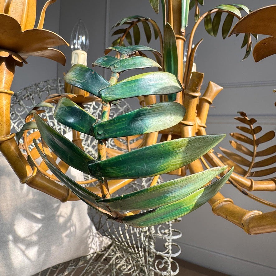 Faux Bamboo Palm Leaf Italian Tole Chandelier 1960's