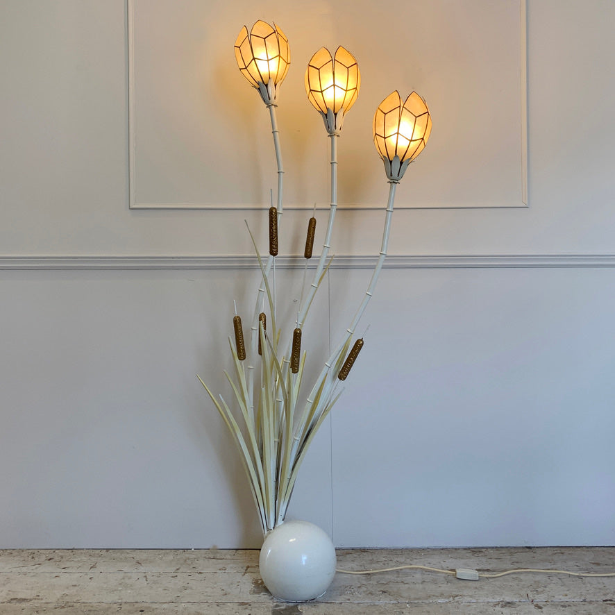 1980's White Bamboo & Bulrush Floor Lamp With Shell Shades