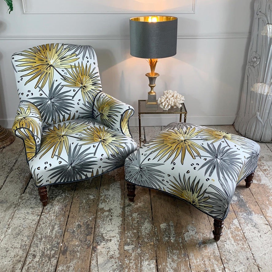 19th Century French Napoleon lll Armchair and Footstool in Tropics 'Fan Palm' Fabric