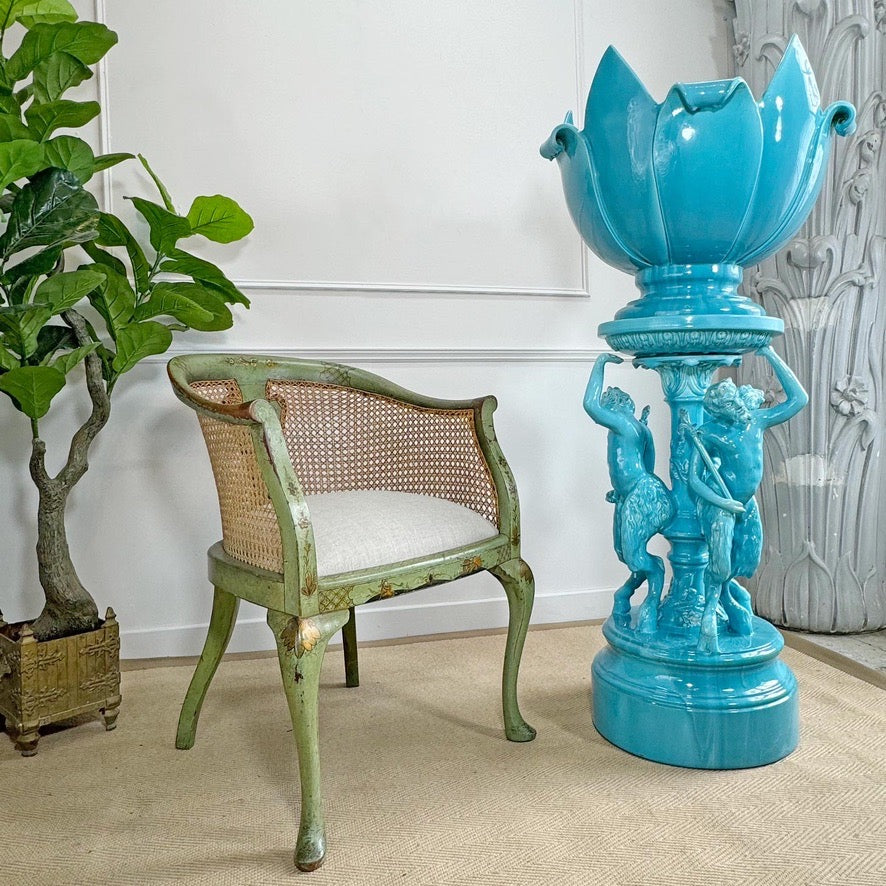 Jerome Massier Blue Glazed Faience Satyr Planter and Stand
