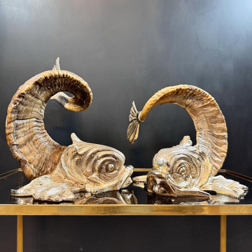 Gabriella Crespi 'Coppia di Delfini' Pair of Rams Horn and Silvered Bronze Mythical Dolphins Each Signed to Base