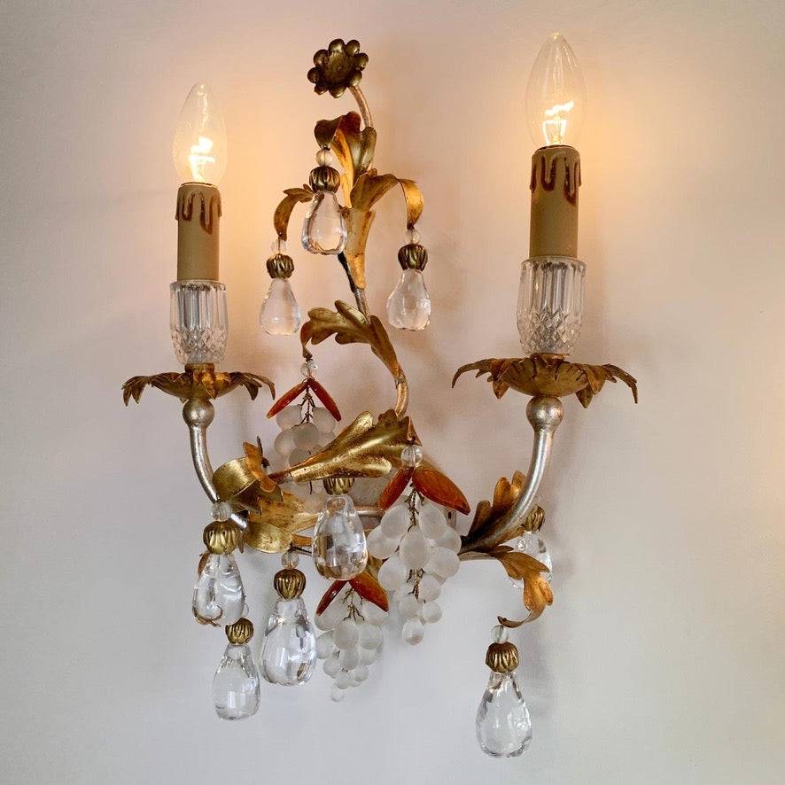 Pair of Banci Firenze Gold Crystal Grape and Pear Wall Lights