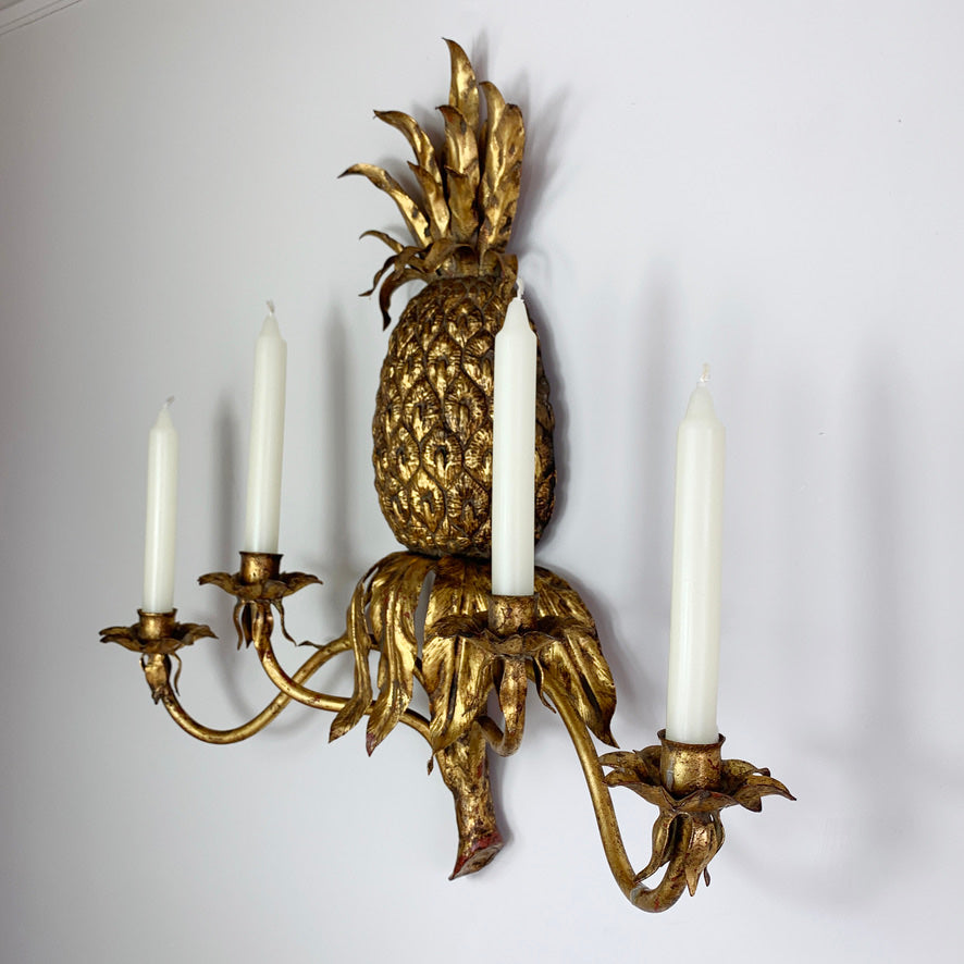 Italian 1950's Gold Wrought Iron Pineapple Candle Wall Sconce