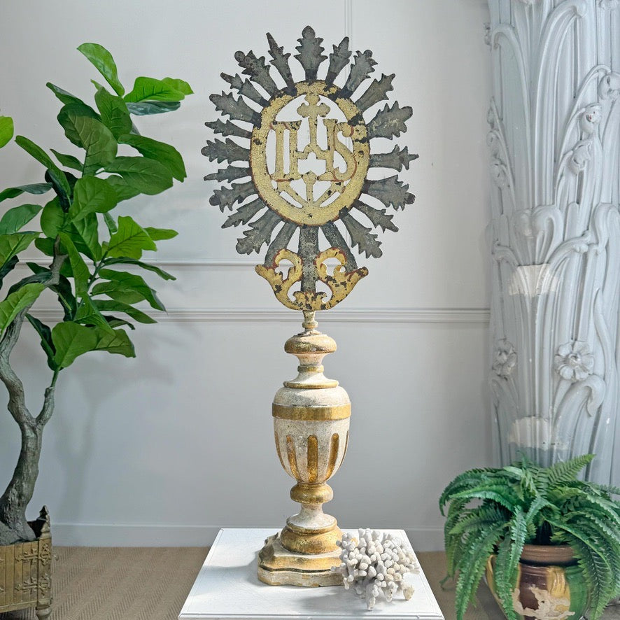 Processional Gilt Iron IHS Cross Mounted on a Baroque Altar Vase 18th Century