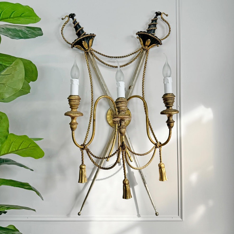 An Outstanding 1950's Italian Cross Sword and Gilt Rope Tassel Wall Light