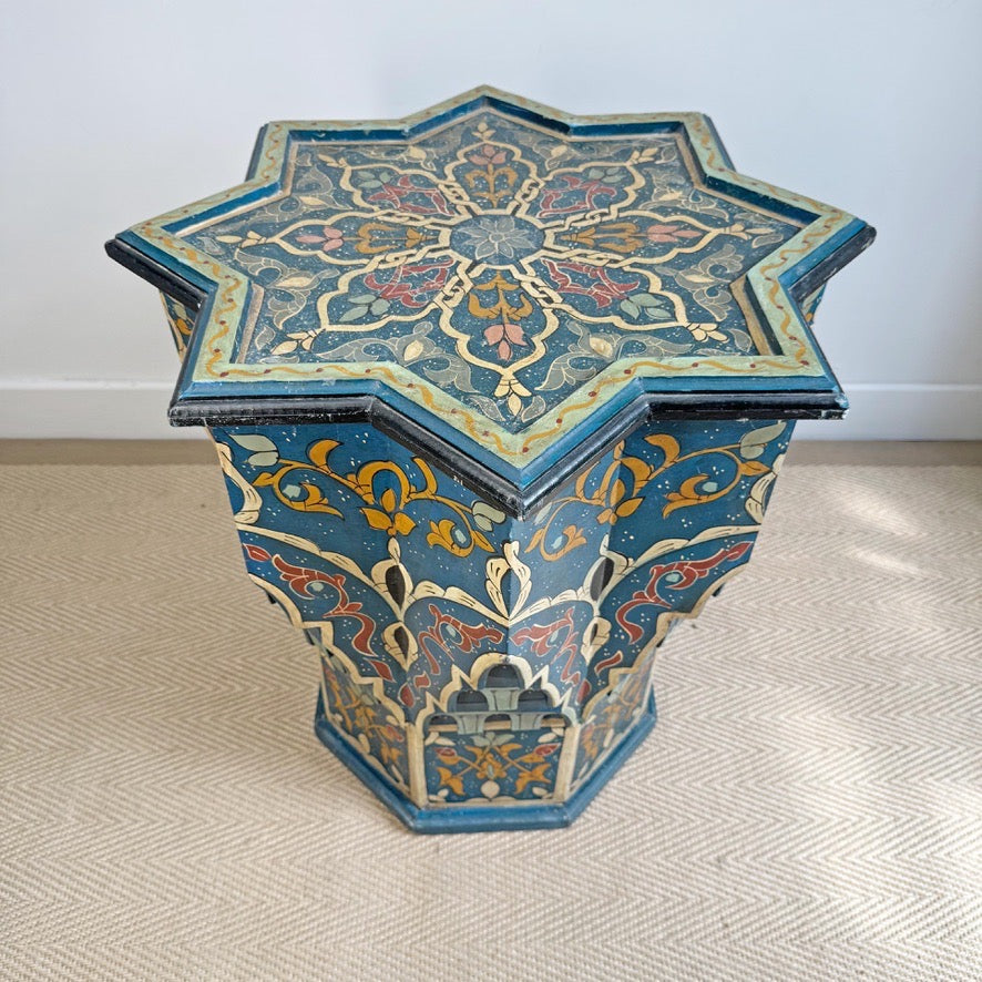 Mid Century Moroccan Painted Blue Wooden Star Table