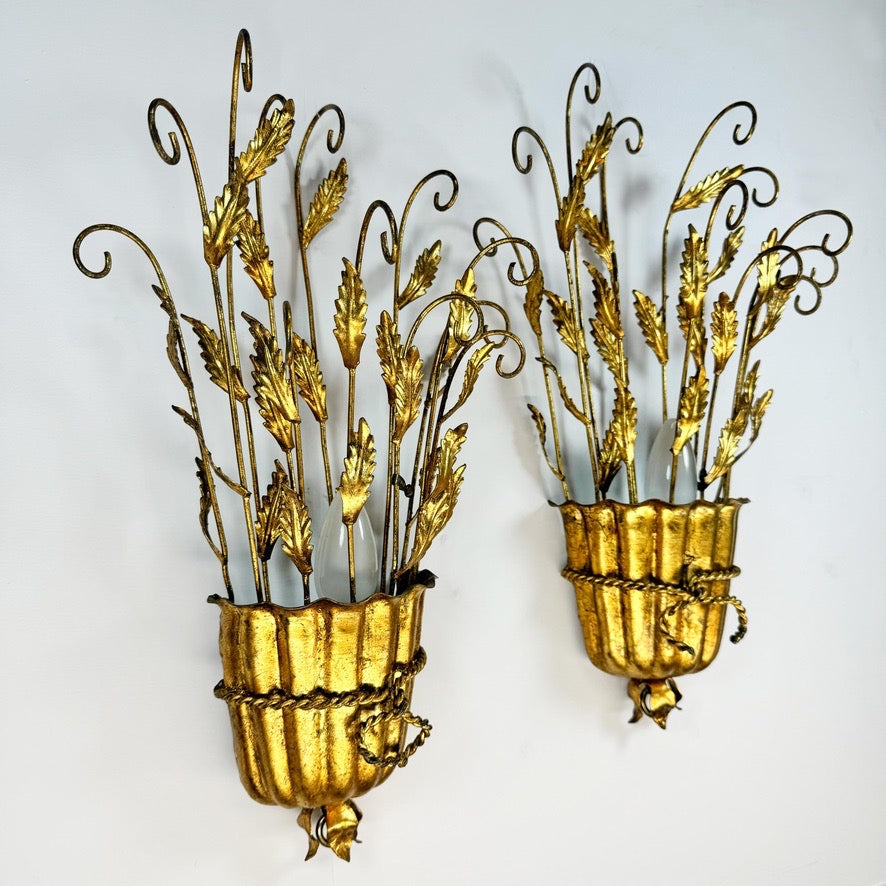 1950's Italian Gilt Scroll and Leaf Wall Lights
