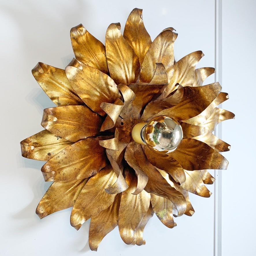 1960s Large Toleware Italian Gold Flower Light