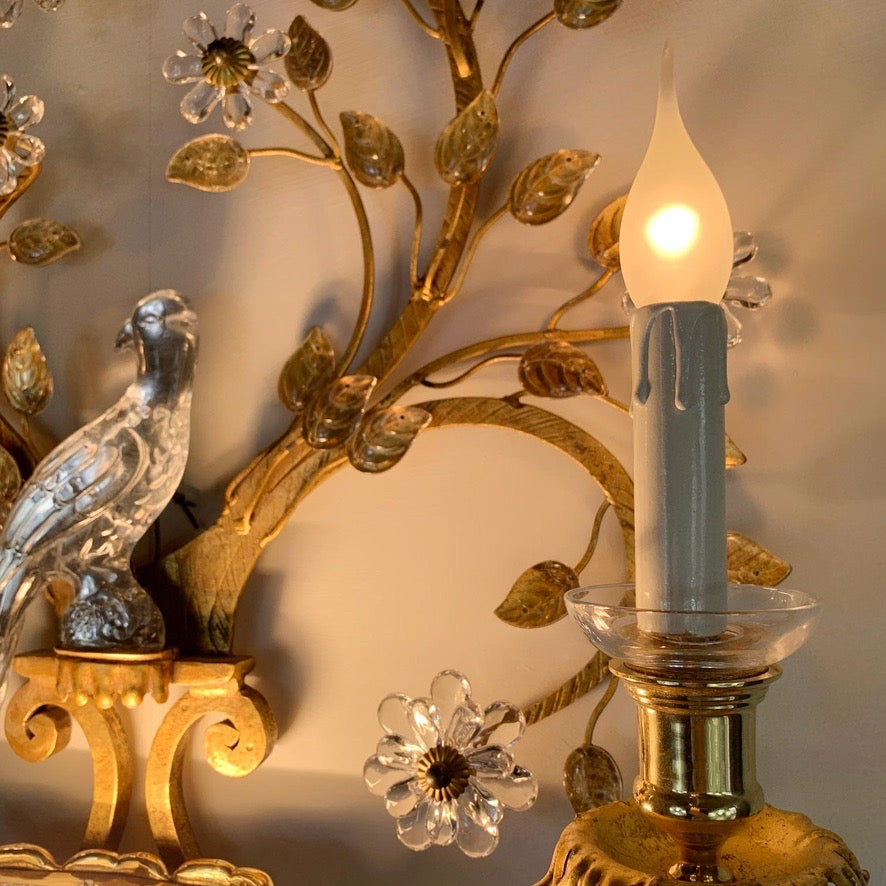 Stunning Large Banci Firenze Gilt Iron and Crystal Parrot Wall Light