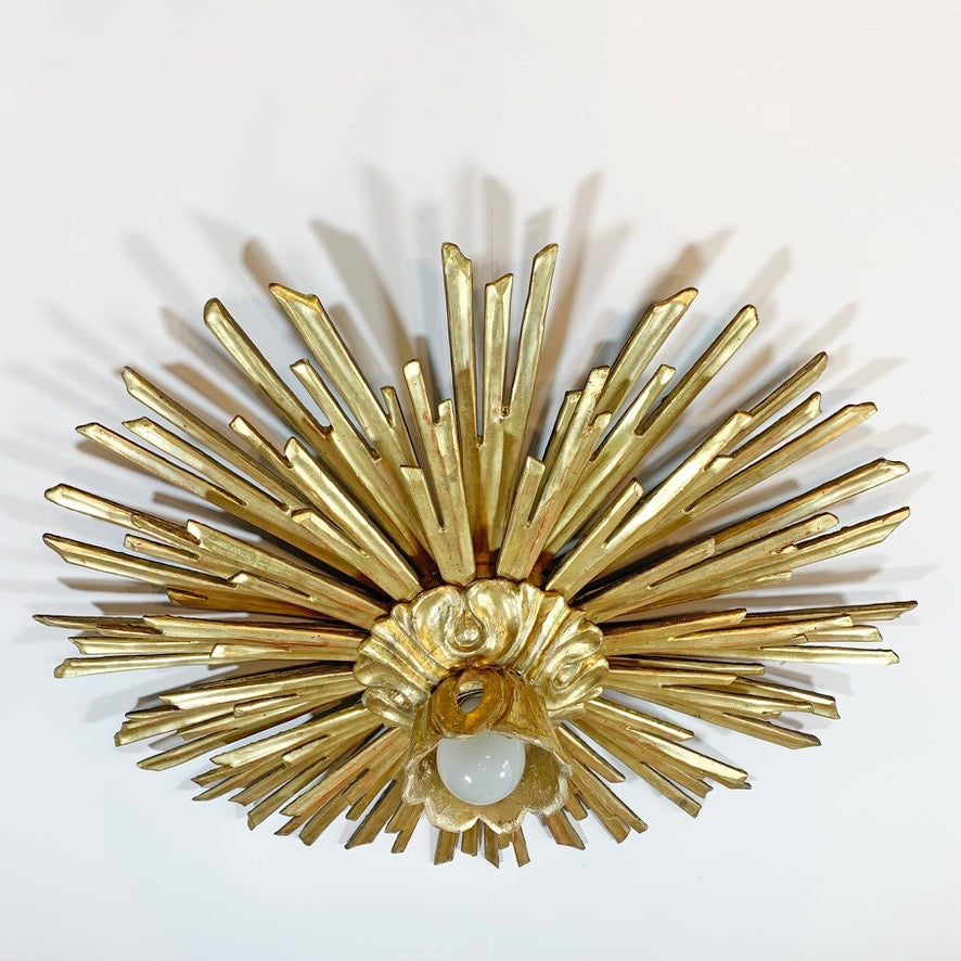 Large Water Gilded Gold Wooden Chapel Sunburst Flush Light