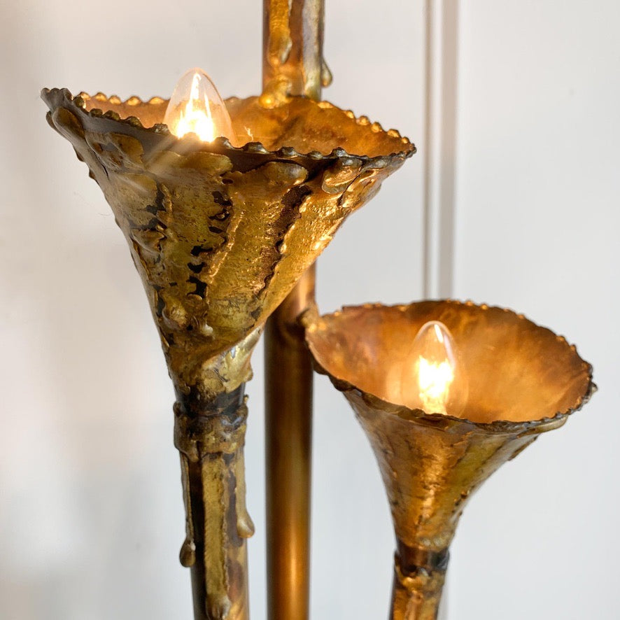 Brutalist Gold Lotus Torchiere Wall Light by Tom Greene for Feldman 1970's