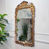 An ornate, Queen Anne split plate wall mirror with a heavily carved gold frame, mounted on a white paneled wall next to a green potted plant.