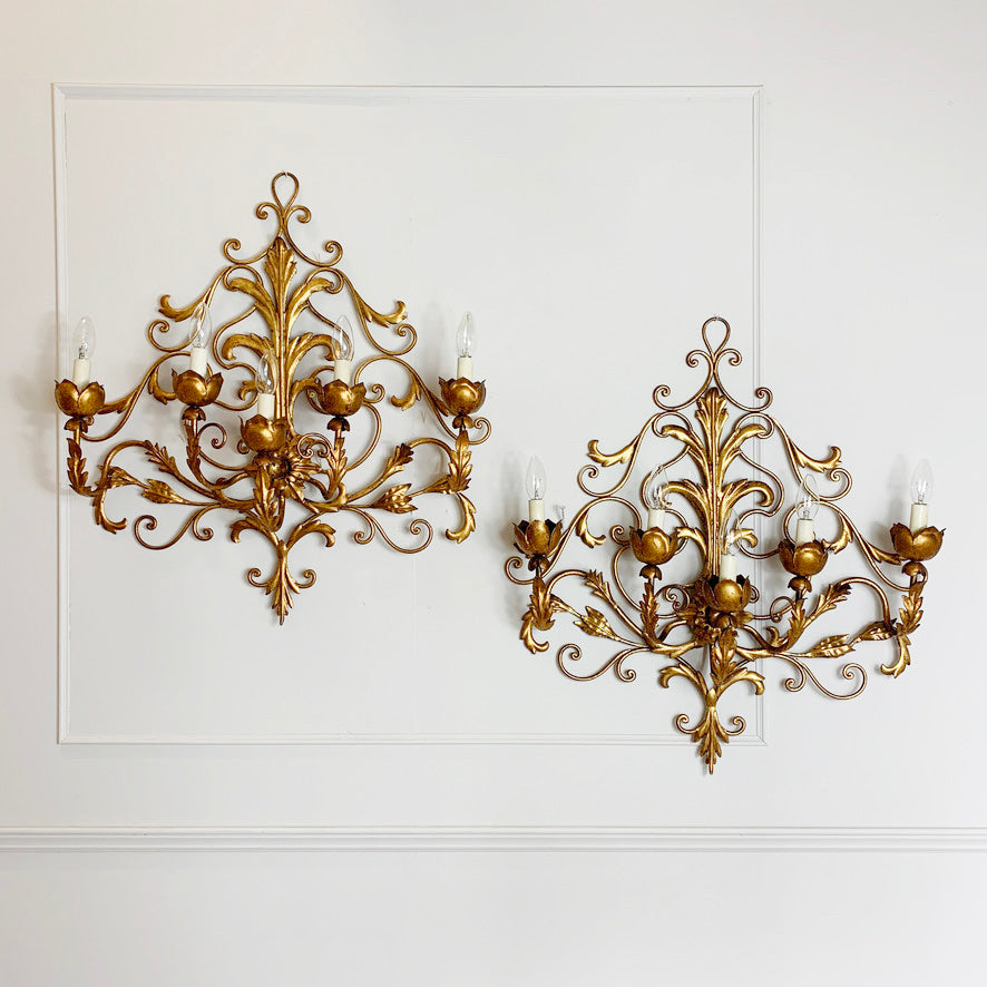 Pair Of Large Gold Palladio Wall Sconces Italy 1960's