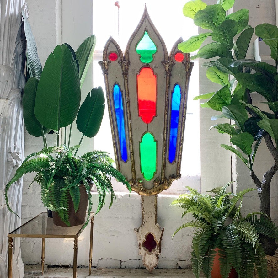 19th Century White and Gold Italian Stained Glass Wooden Church Panel