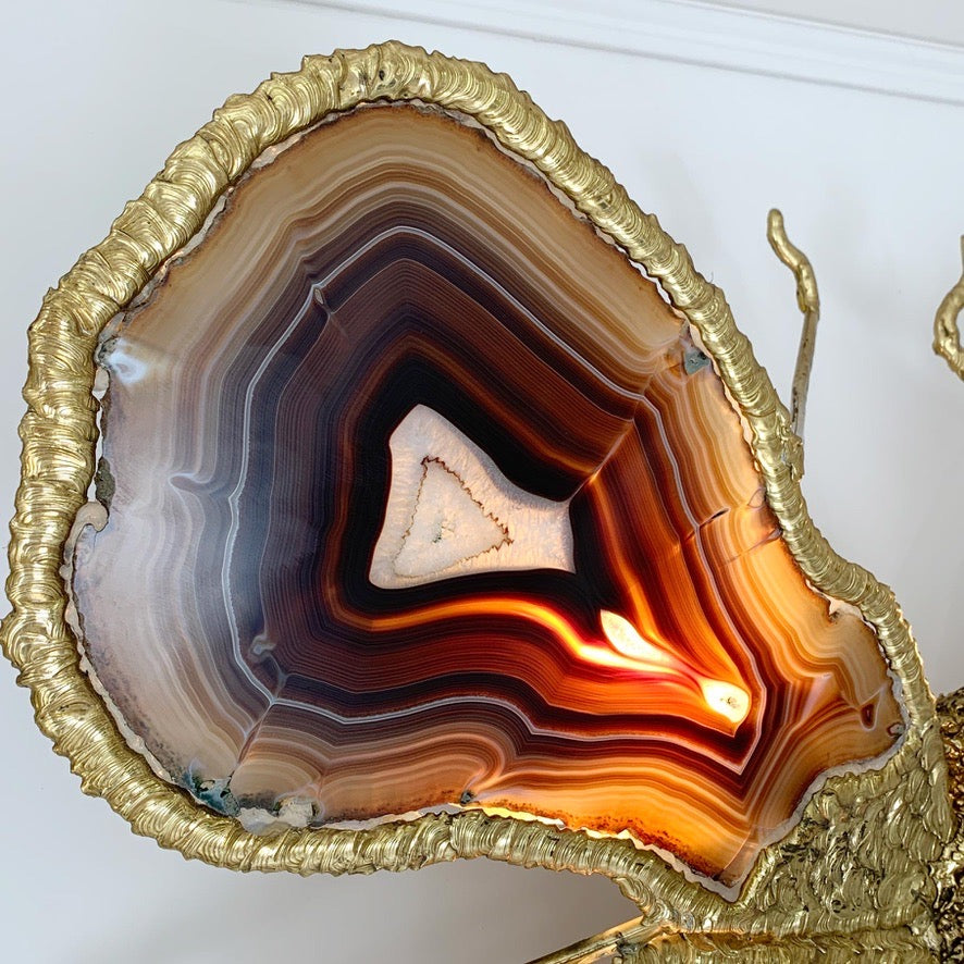 Isabelle Faure Signed Illuminated Gold Butterfly Sculpture in Brass and Agate