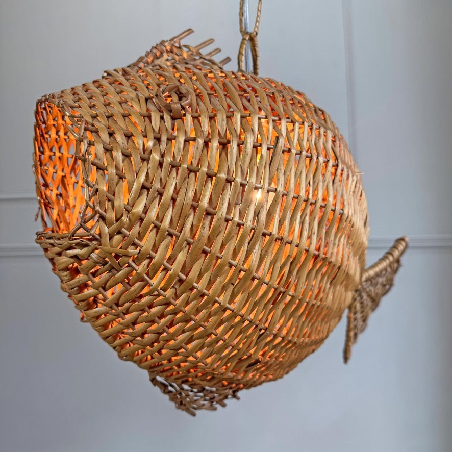1950s Large Wicker Fish Pendant Light
