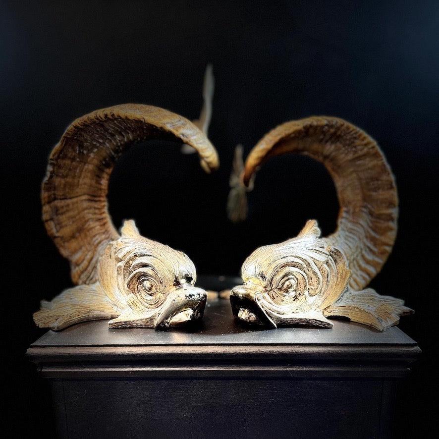 Gabriella Crespi 'Coppia di Delfini' Pair of Rams Horn and Silvered Bronze Mythical Dolphins Each Signed to Base