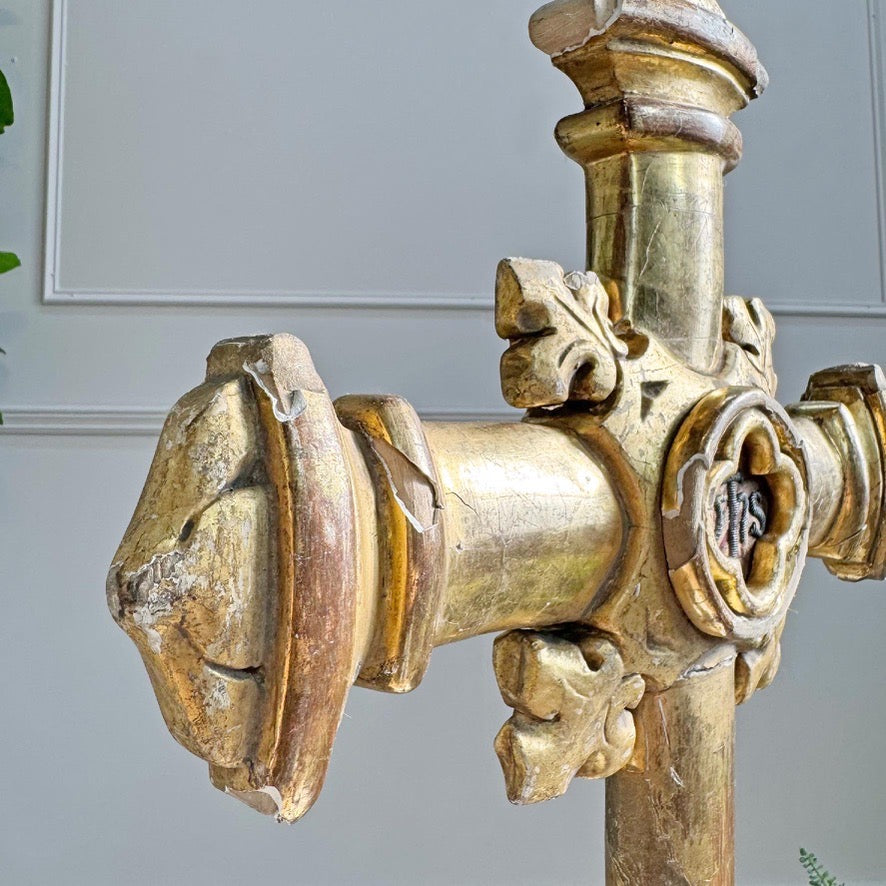 18th Century Water Gilded Processional Cross with Embroidered IHS