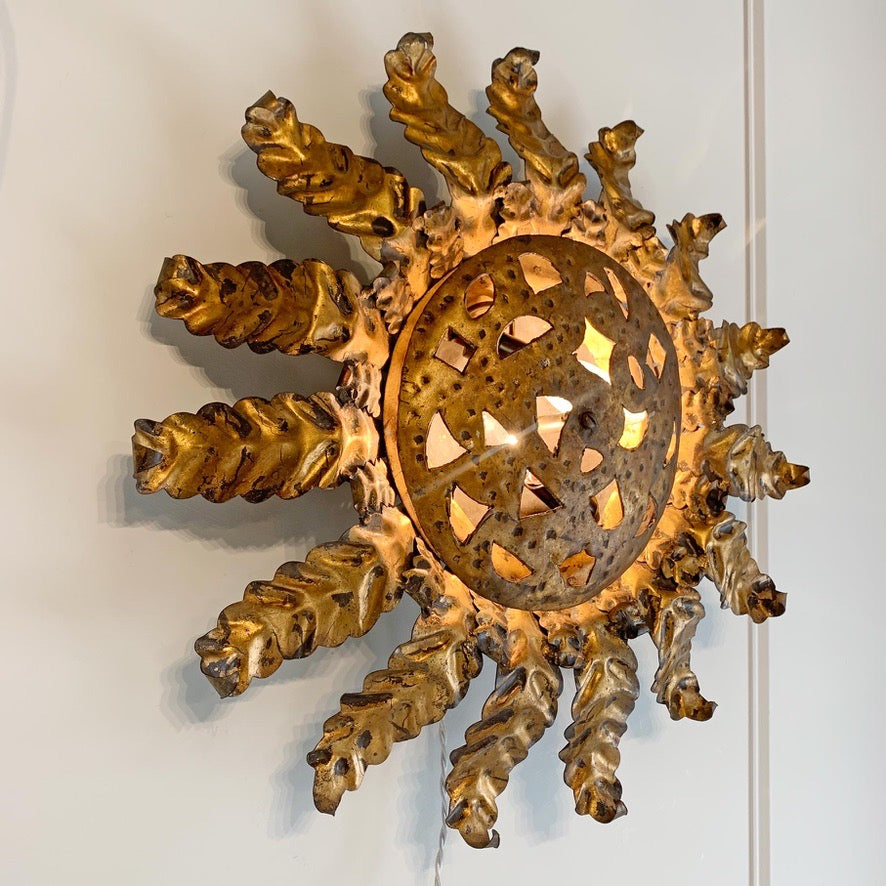 Gold Spanish Sunburst Light Light with Perforate Decorative Plate