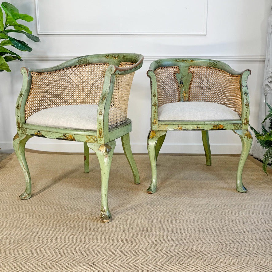 Pair of 19th Century Green Queen Anne Revival Chinoiserie Bergere Chairs