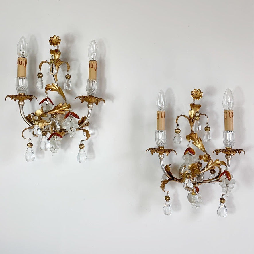 Pair of Banci Firenze Gold Crystal Grape and Pear Wall Lights